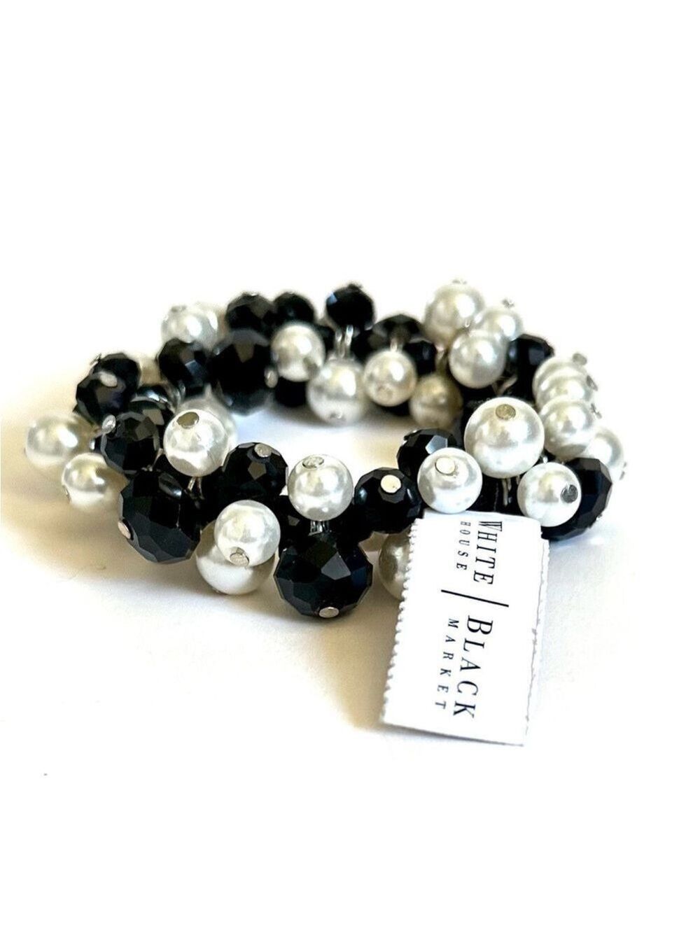 White House Black Market Black Bead Pearl Silver Cluster Bracelet NWT